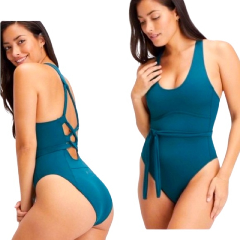 NWT Fabletics One Piece Teal Strappy Back Swimsuit Midnight Wave Size S